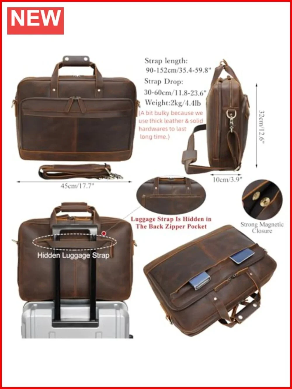 Full Grain Cowhide Leather Briefcase for Men 17